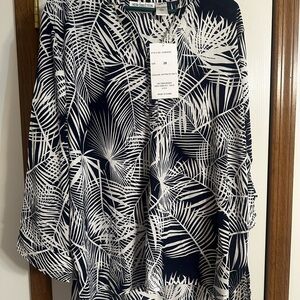 Chico's Navy and White Palm Print Blouse